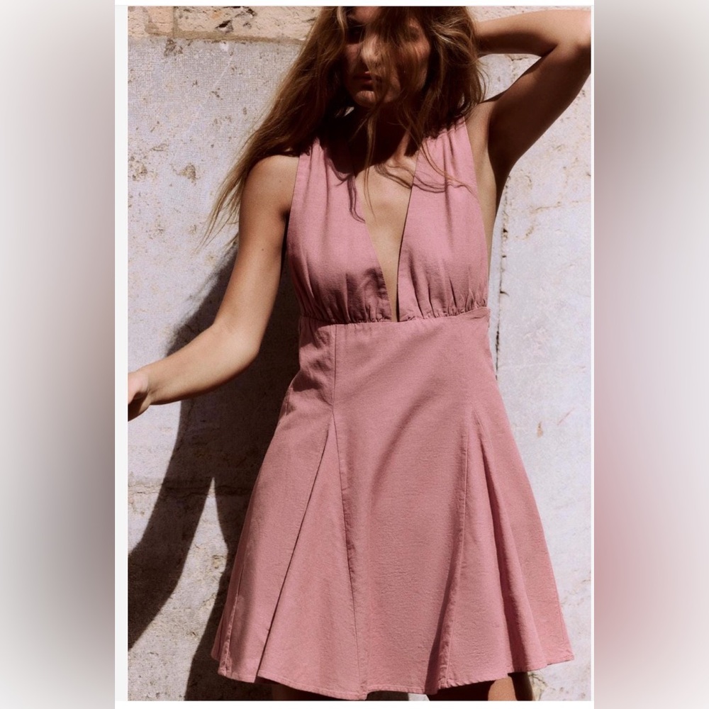Zara Dusty Rose Plunge V-Neck A-Line Dress